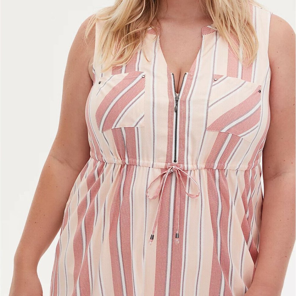 New Torrid Red & Ivory Stripe Challis Zip Front Drawstring Shirt Dress - Picture 4 of 5